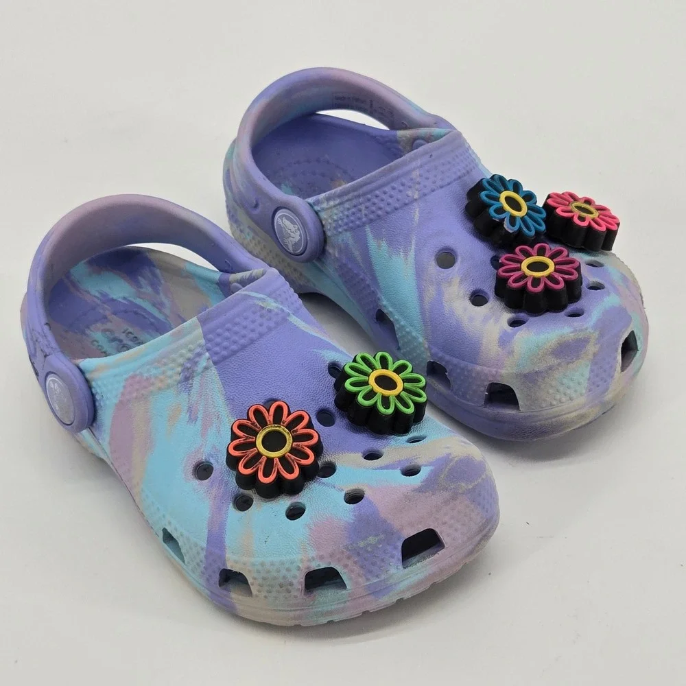 Crocs Kids Classic Marbled Clog Pastel Purple Blue C9 Light Up Flower Jibbitz